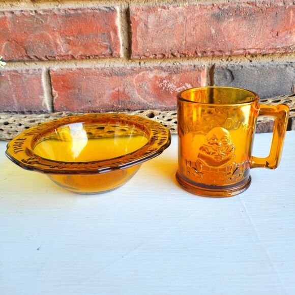 Vintage Amber Glass Nursery Rhyme Mug & Bowl Set - Picture 2 of 14